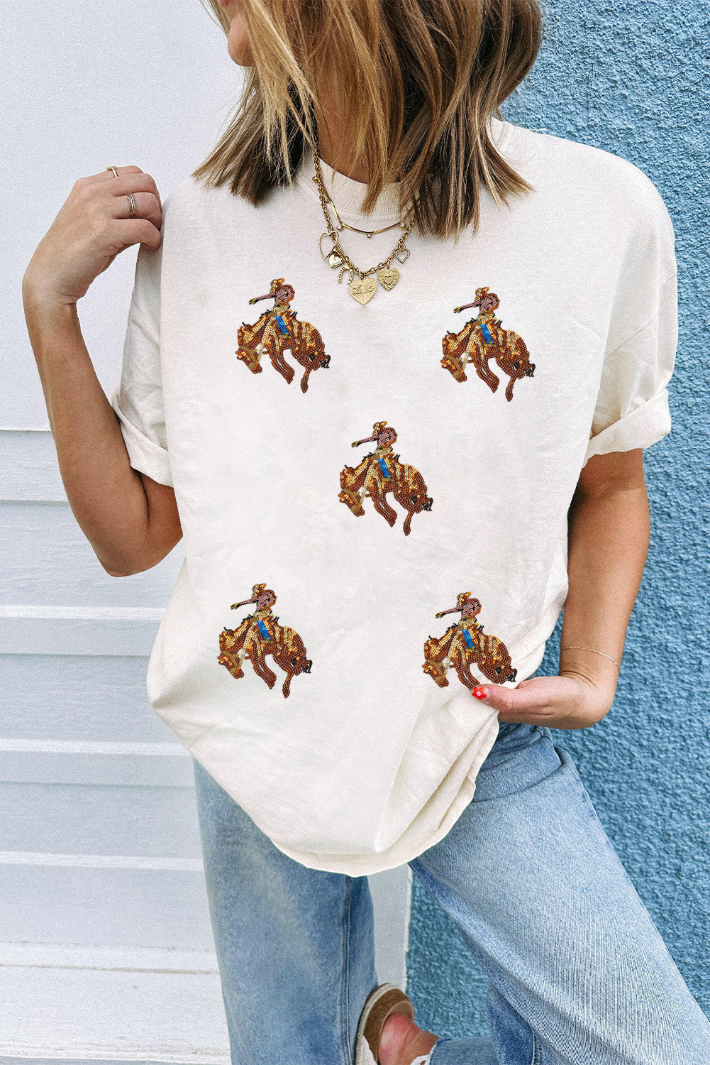 White Sequin Rodeo Graphic Casual Round Neck Tee