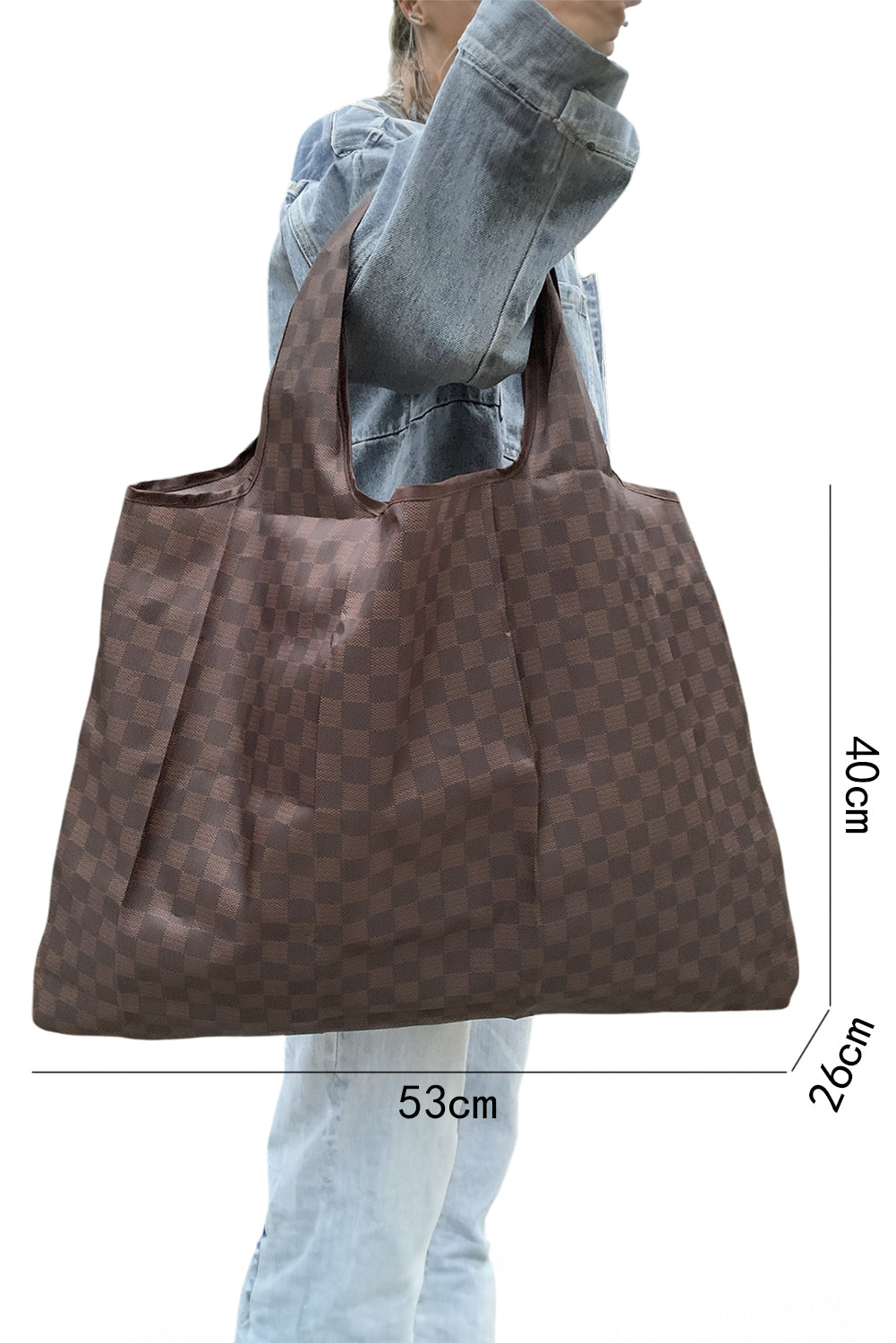 Coffee Checkered Print Large Foldable Tote Bag