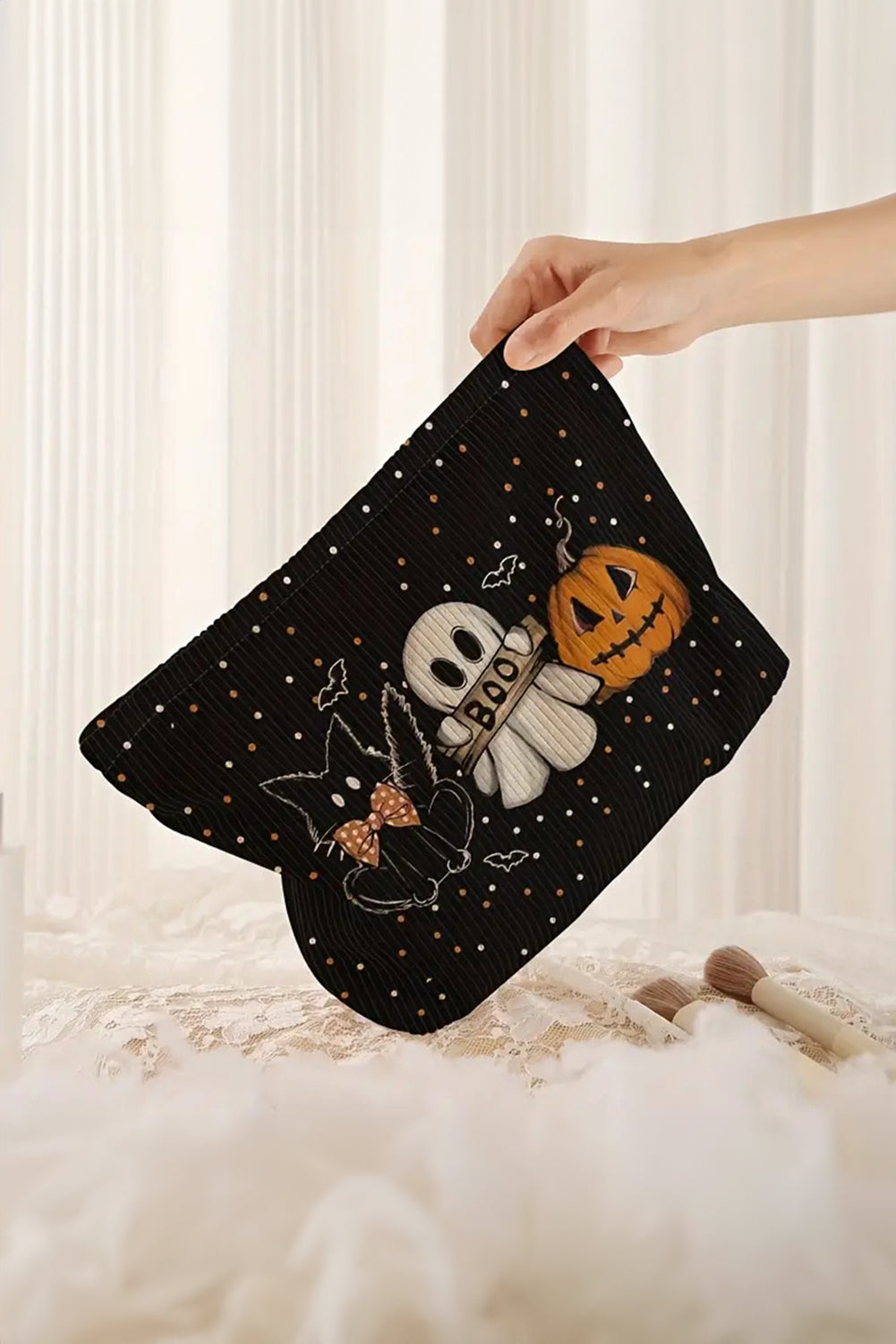 Black Halloween Pumpkin Ghost Cat Makeup Bag