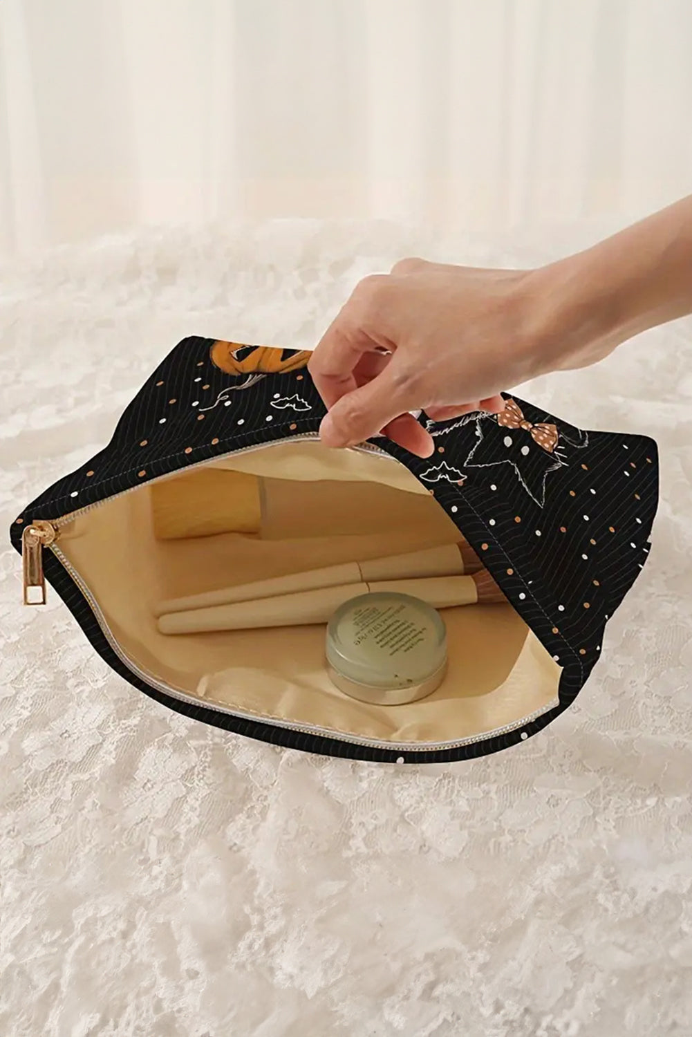 Black Halloween Pumpkin Ghost Cat Makeup Bag