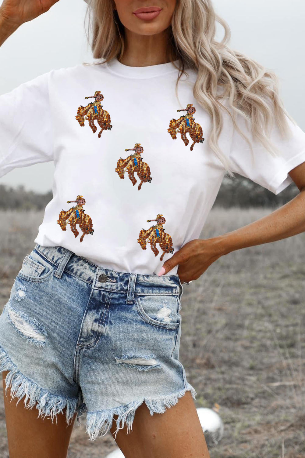 White Sequin Rodeo Graphic Casual Round Neck Tee