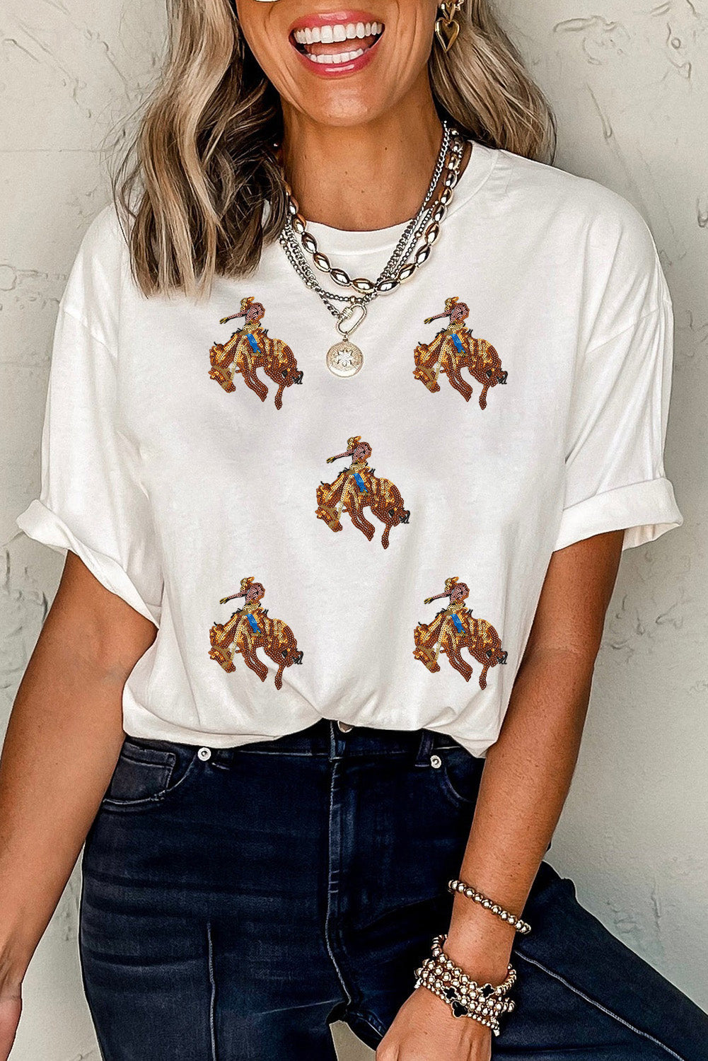 White Sequin Rodeo Graphic Casual Round Neck Tee
