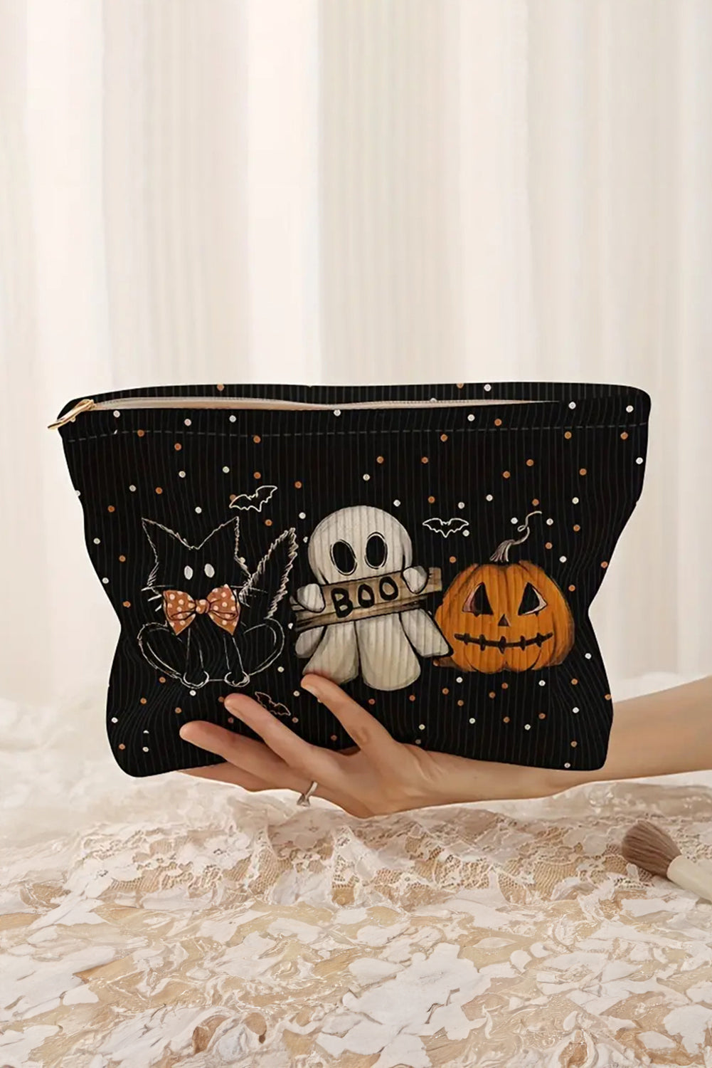 Black Halloween Pumpkin Ghost Cat Makeup Bag