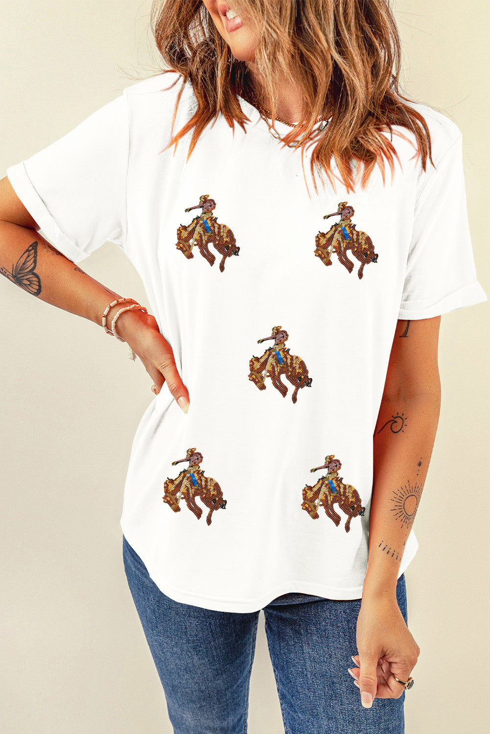 White Sequin Rodeo Graphic Casual Round Neck Tee